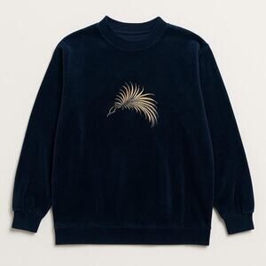 Navy Blue Vintage Velvet Embroidered Sweater Peacock Animal Cute
